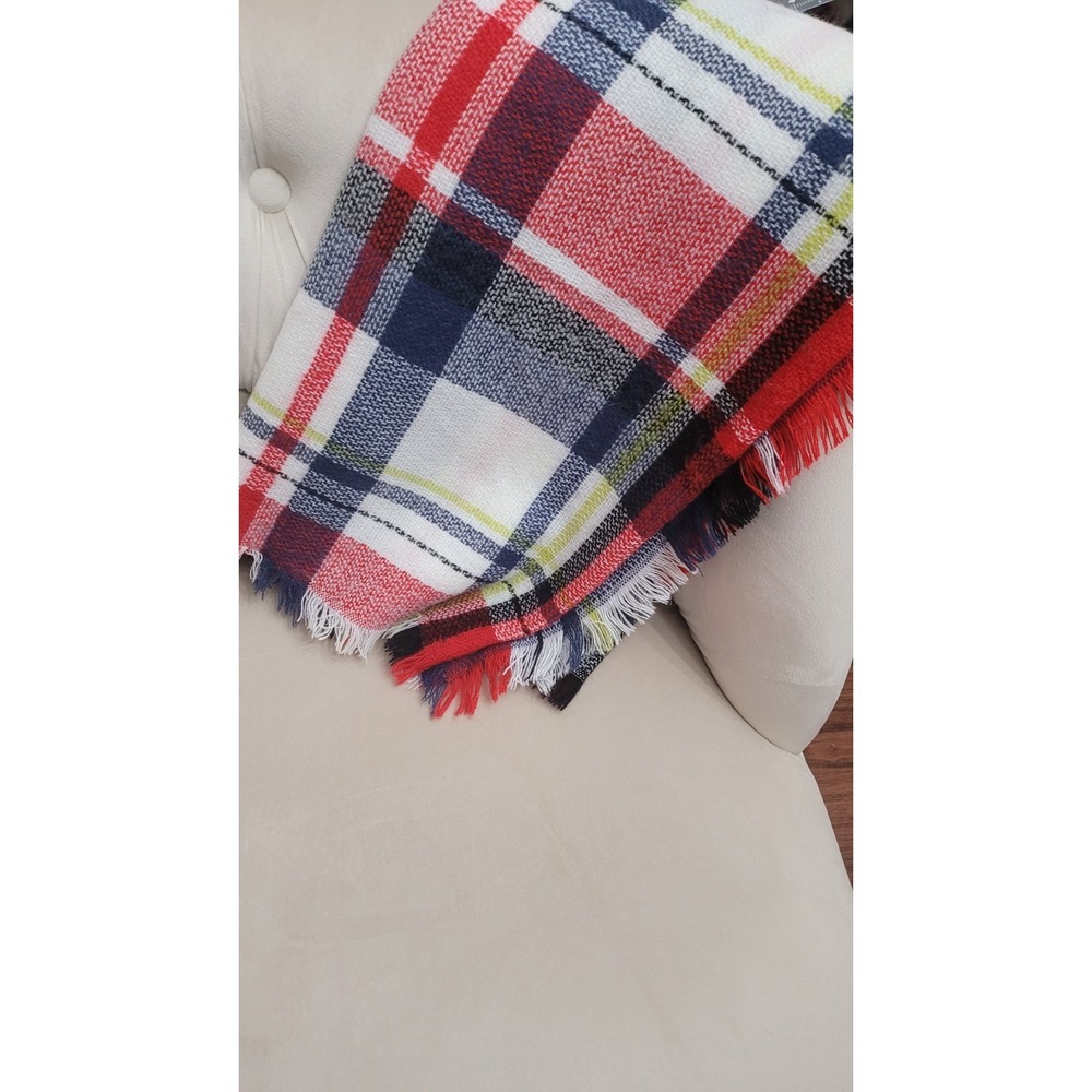 Unbranded Plaid Blanket Scarf‎ Red Navy White Fringed Wrap Vintage